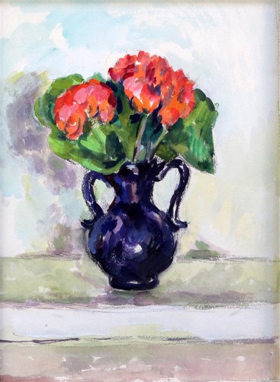 § Duncan Grant (1885-1978) Geraniums in a blue vase, c.1960, 14 x 10.5in. Provenance: The Artists Estate